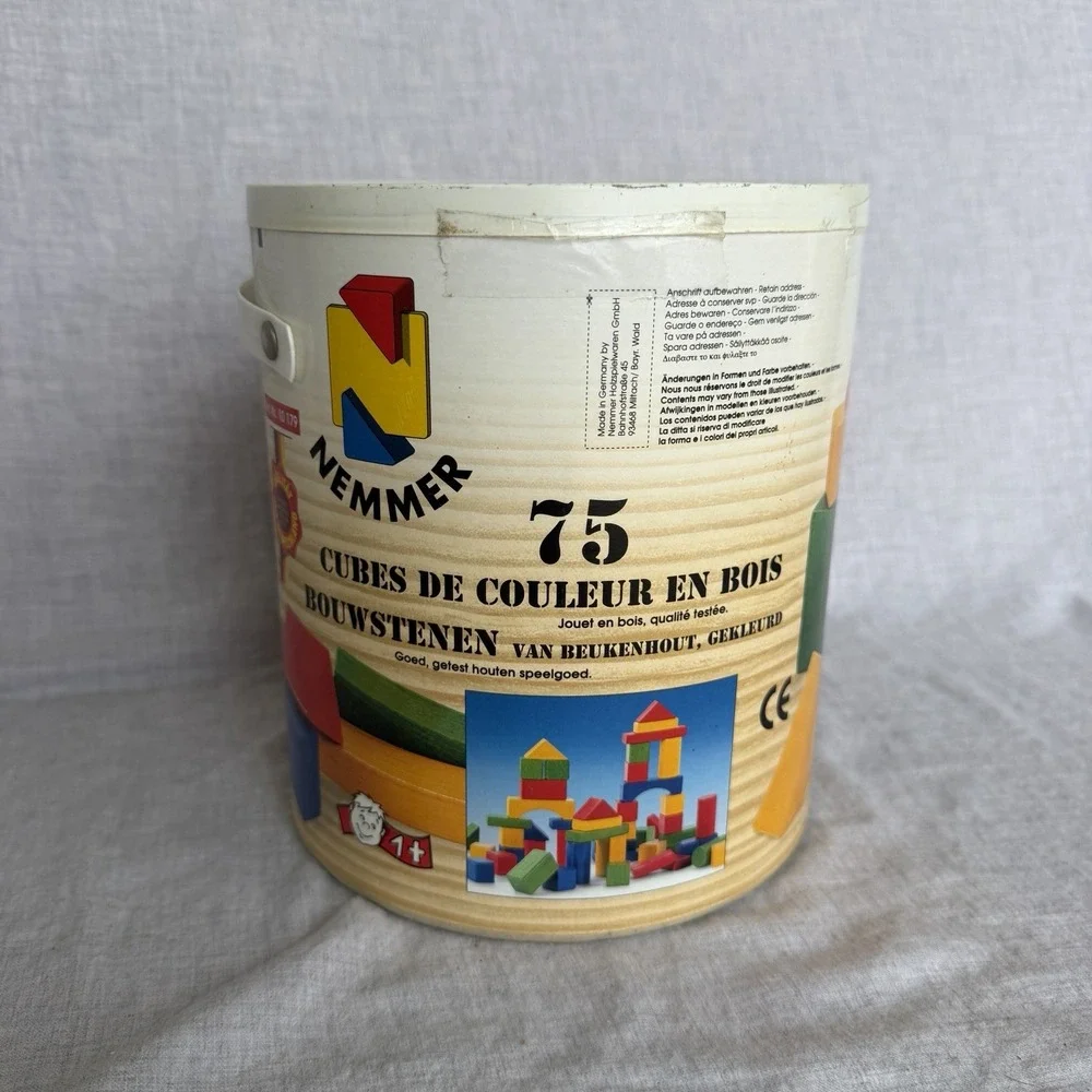 Vintage Nemmer 75 Cubes De Couleur En Bois Wooden Building Blocks Bucket Germany
